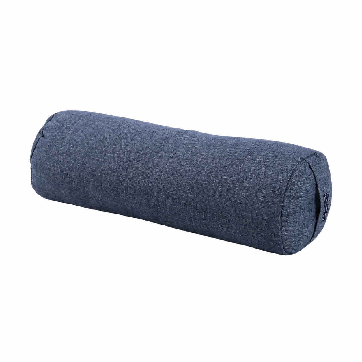 A navy blue textured fabric cylindrical bolster pillow, shown at an angle on a solid white background.