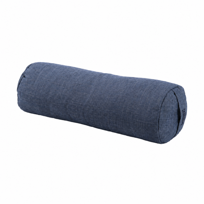 A navy blue textured fabric cylindrical bolster pillow, shown at an angle on a solid white background.