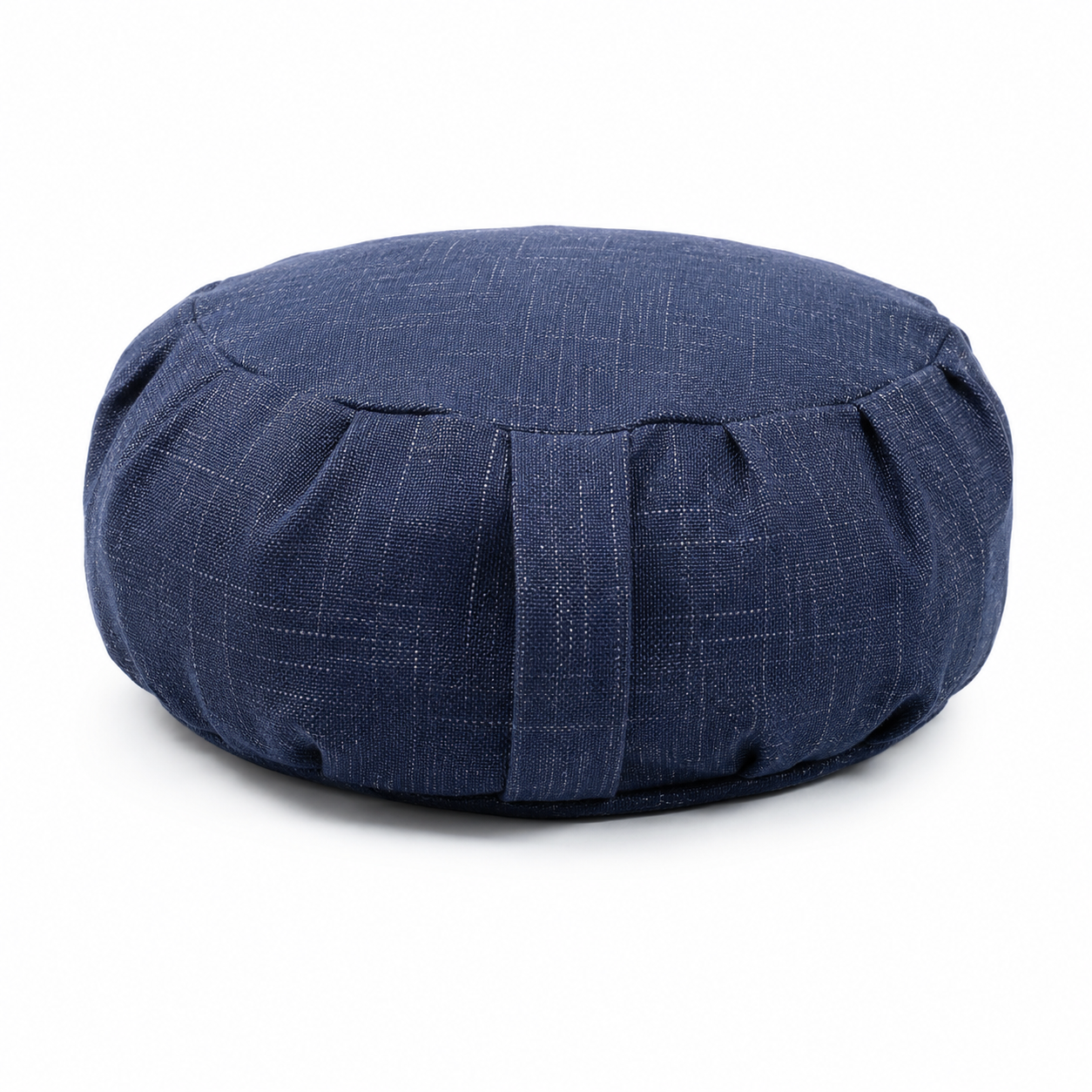 A round navy blue fabric floor cushion or pouf with a subtle woven texture, photographed on a clean white background.