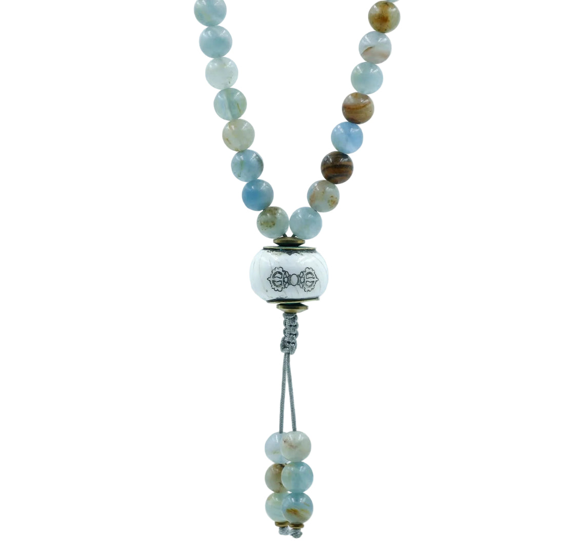 Mala with multicolored beads on a white background