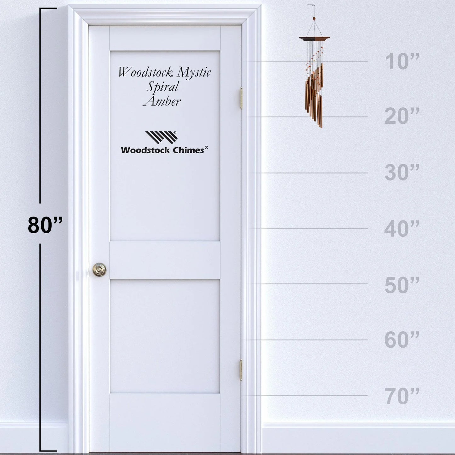 White door with 'Woodstock Mystic Spiral Amber' and 'Woodstock Chimes' branding, shown with a measurement scale.