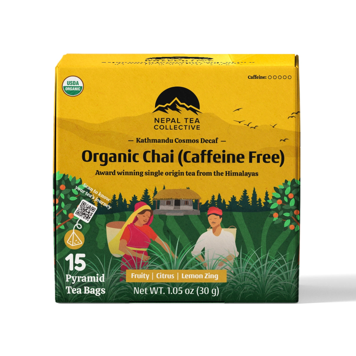 Nepal Tea Collective Organic Chai caffeine-free tea packaging on a white background