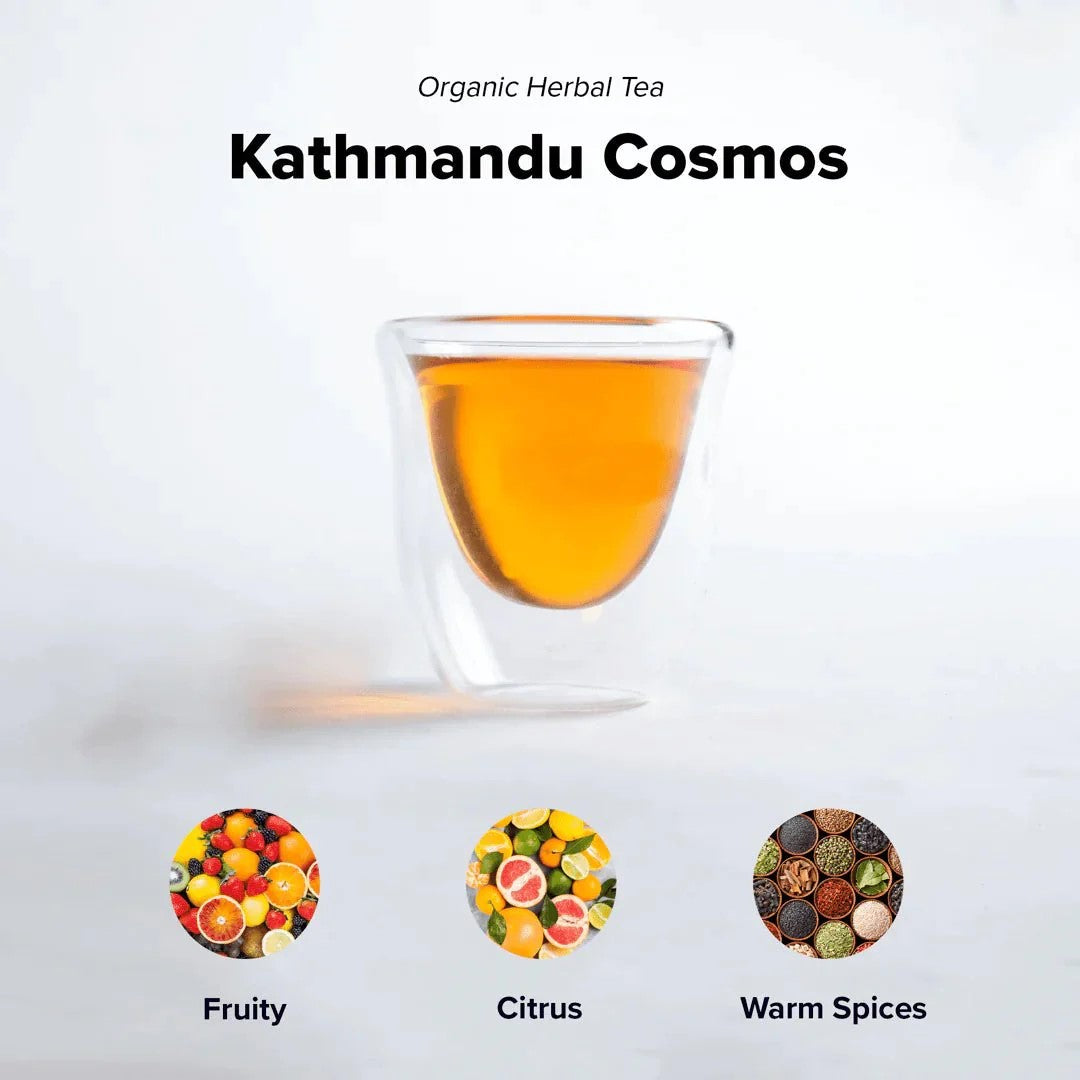 Glass of organic herbal tea with flavor icons labeled 'Fruity', 'Citrus', and 'Warm Spices' on a white background.