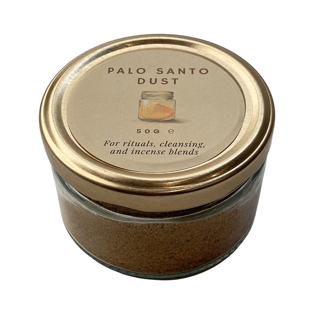 Jar of Palo Santo dust with a gold lid on a white background