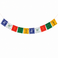 A string of rectangular Tibetan prayer flags in blue, white, red, green, and yellow, strung across a plain white background.