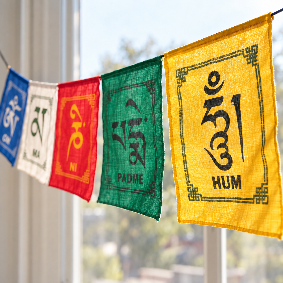 Four colorful Tibetan prayer flags hanging in a row outdoors near a window. The flags are blue, white, red, and yellow, printed with black Tibetan script and traditional border designs.