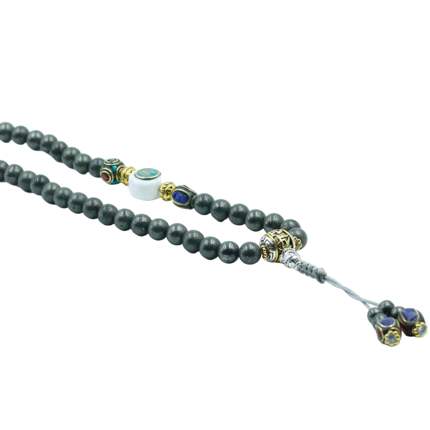 Mala necklace with gray beads and decorative elements on a white background