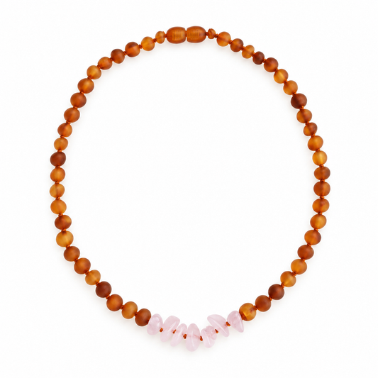 Raw Cognac Baltic Amber & Rose Quartz Necklace