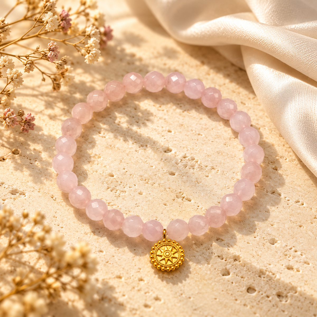 A pink faceted bead bracelet with a small gold compass pendant, styled on a textured beige stone surface with cream silk fabric and dried flowers.
