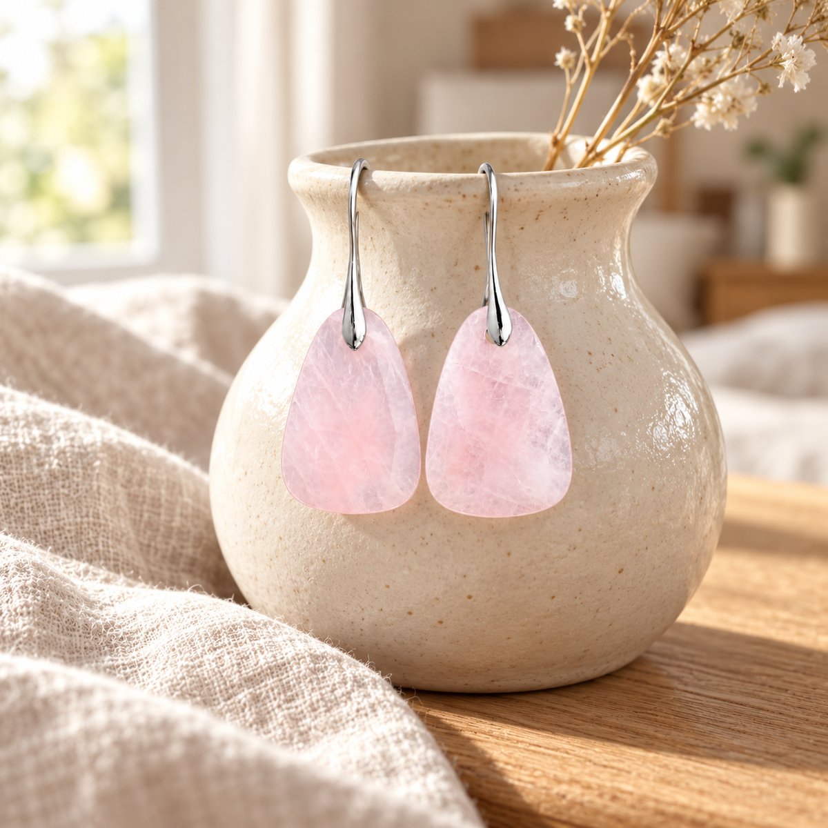 Rose quartz earrings hanging on a beige vase sitting on a wood table.