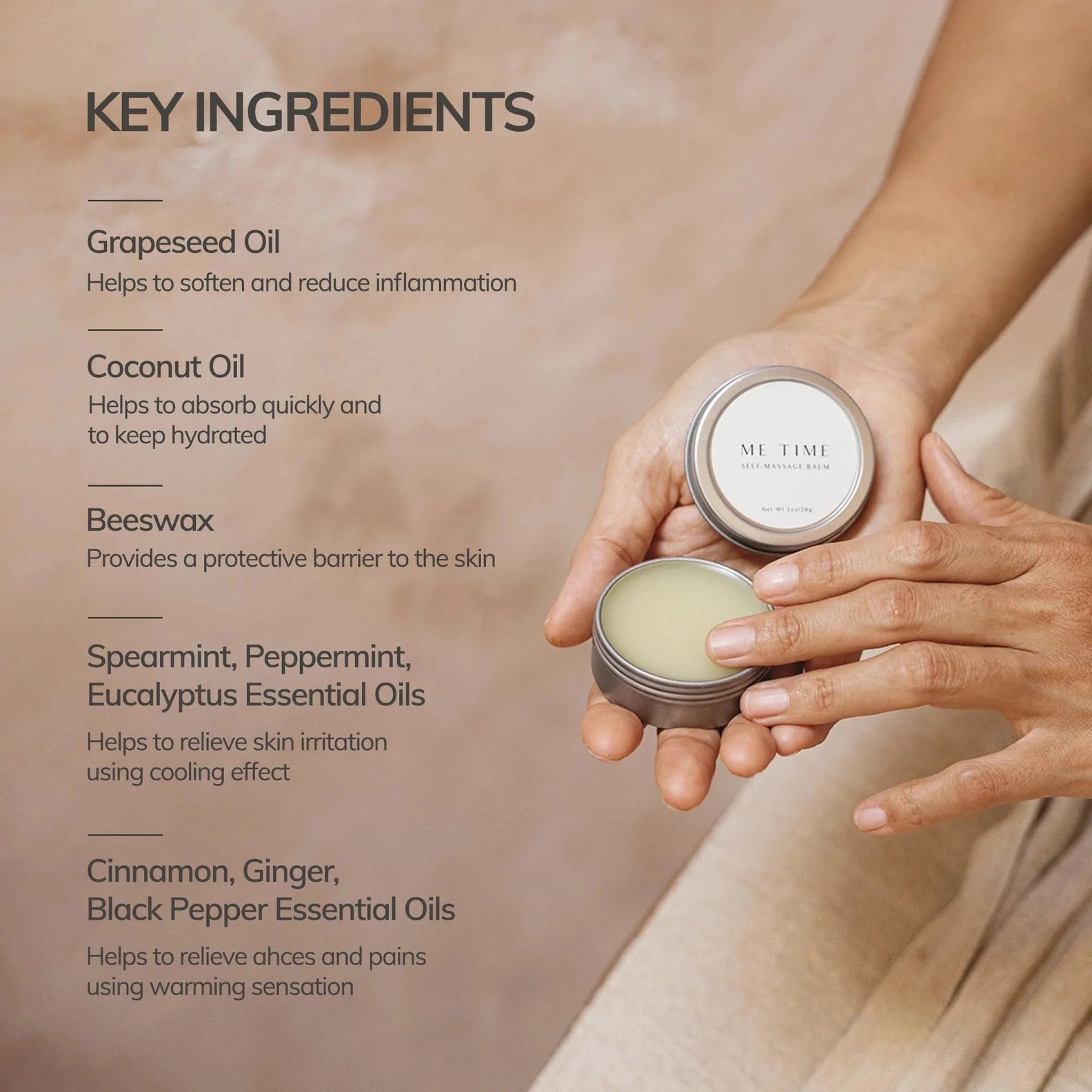 Hands holding a small container of cream with key ingredients listed on a beige background