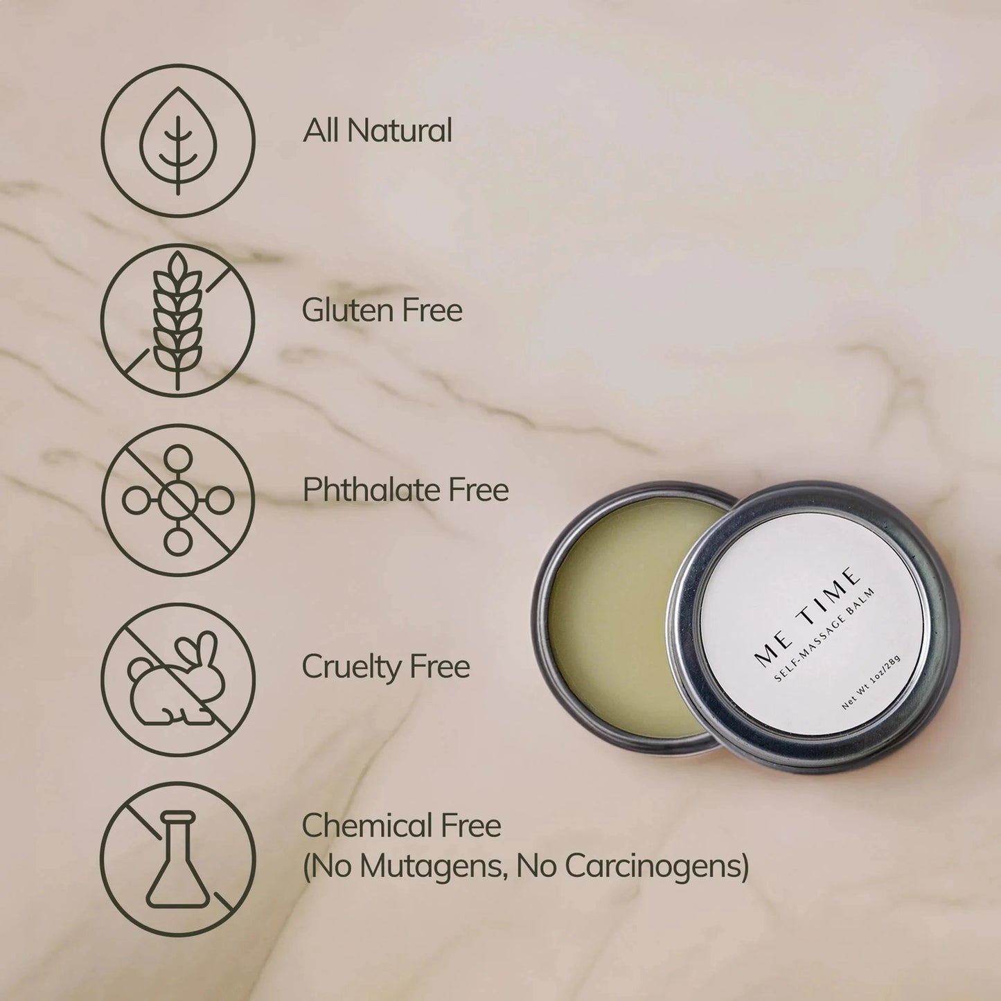 Balm tin with 'Me Time' branding on a beige background, featuring natural product attributes.