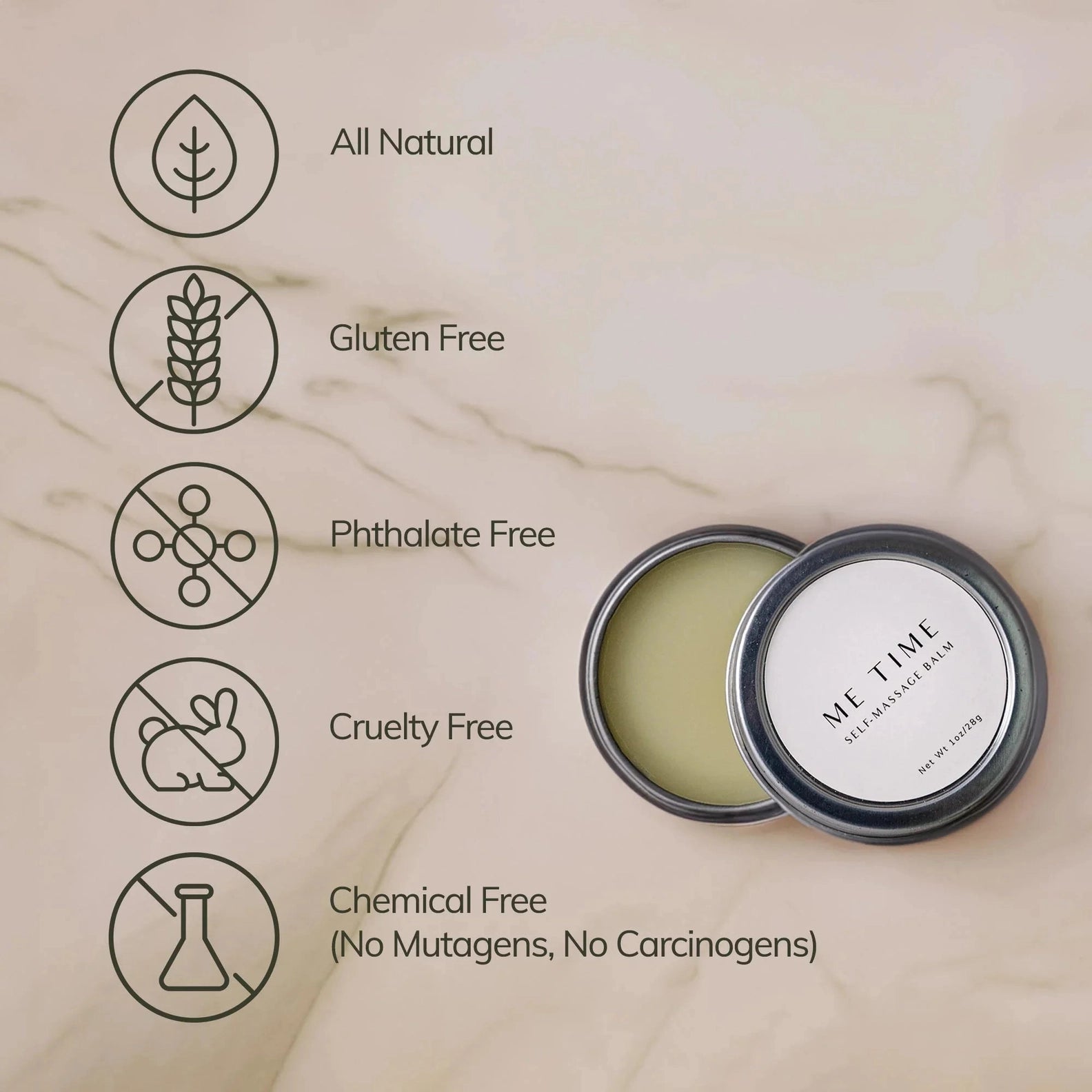 Balm tin with 'Me Time' branding on a beige background, featuring natural product attributes.