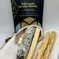 Palo Santo incense powder, sticks, and smudge stick on a white background with 'Sacred Wood Essence' packaging.