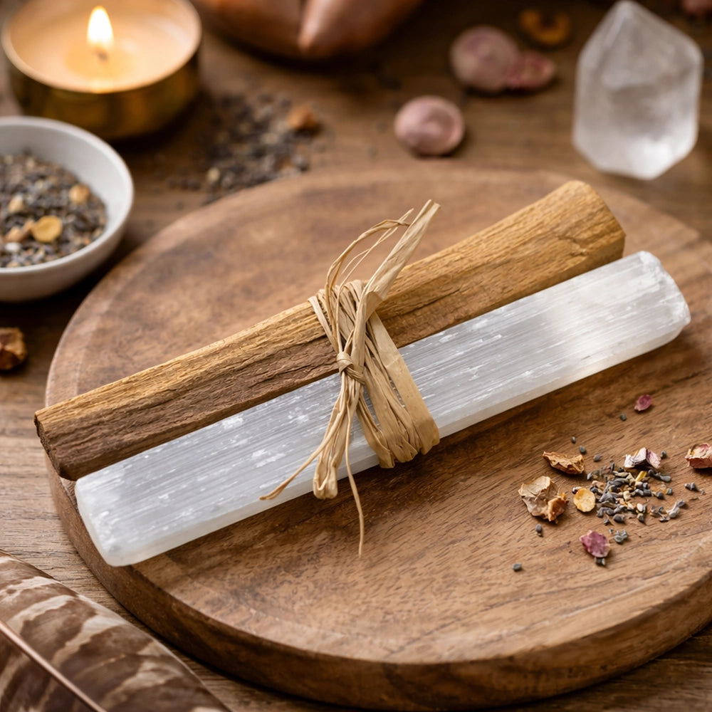Selenite crystal stick on a wooden surface with candles and crystals in the background