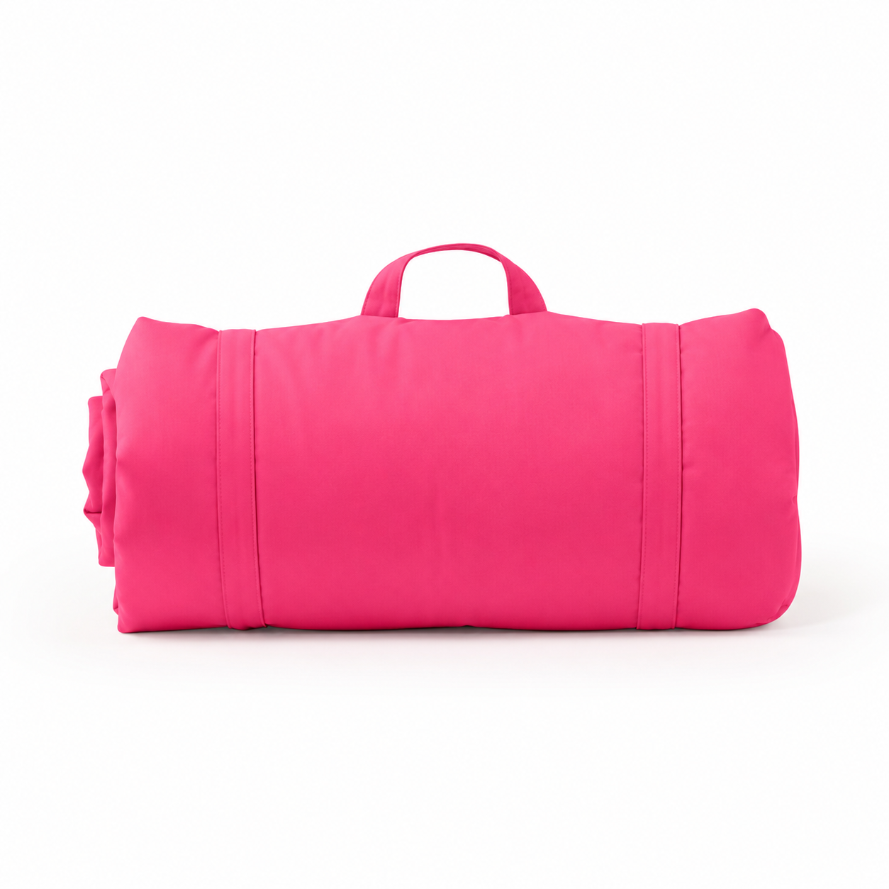 Pink rolled-up mat with handles on a white background
