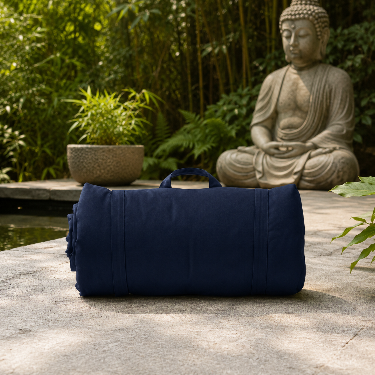 Navy blue roll-up mat on a stone surface with a Buddha statue and greenery in the background