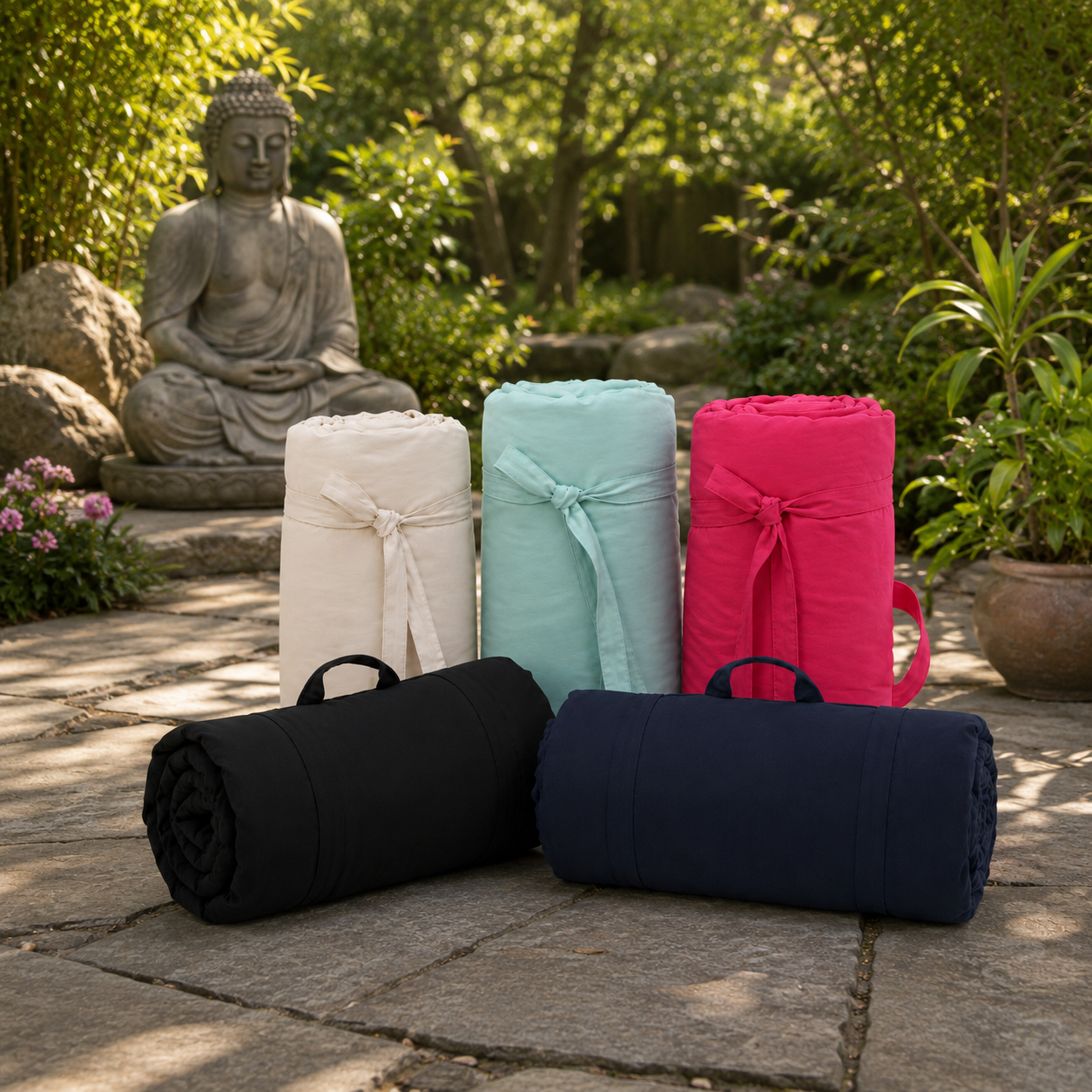Five rolled-up mats in black, navy, pink, green, and white on a stone patio with a Buddha statue and garden in the background.