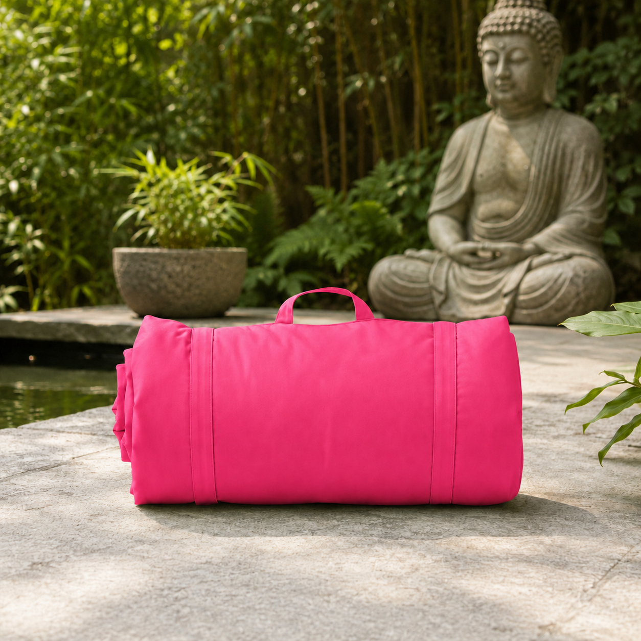 Pink yoga mat rolled up on a stone surface with a Buddha statue and greenery in the background