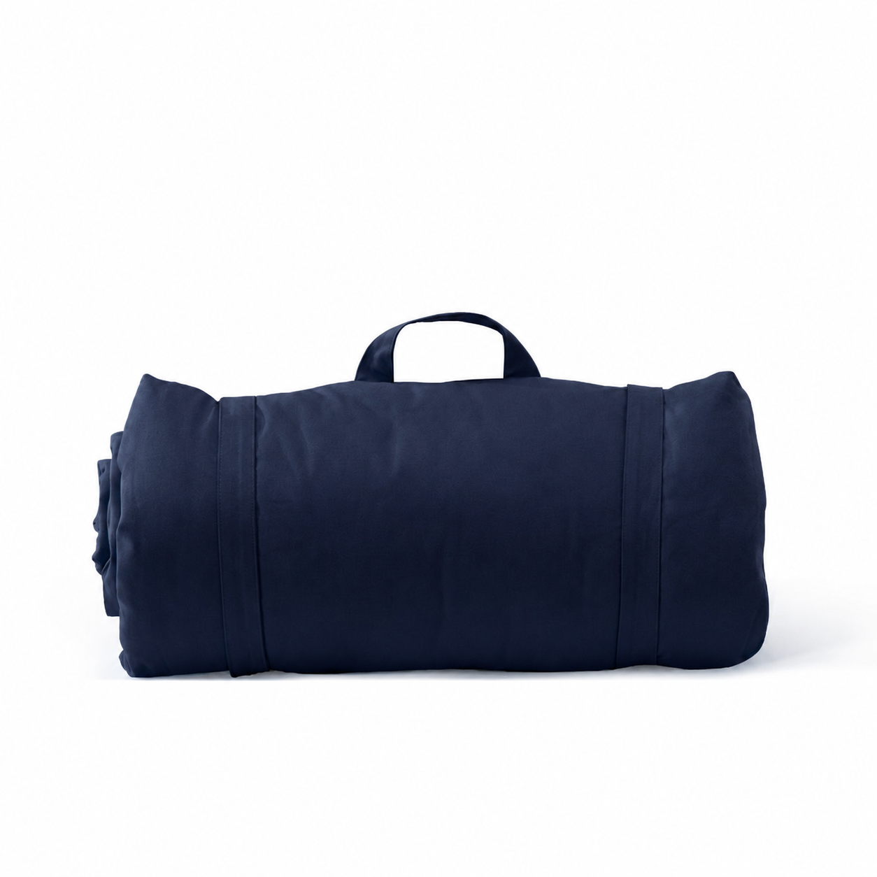 Roll-up navy blue mat with handle on a white background