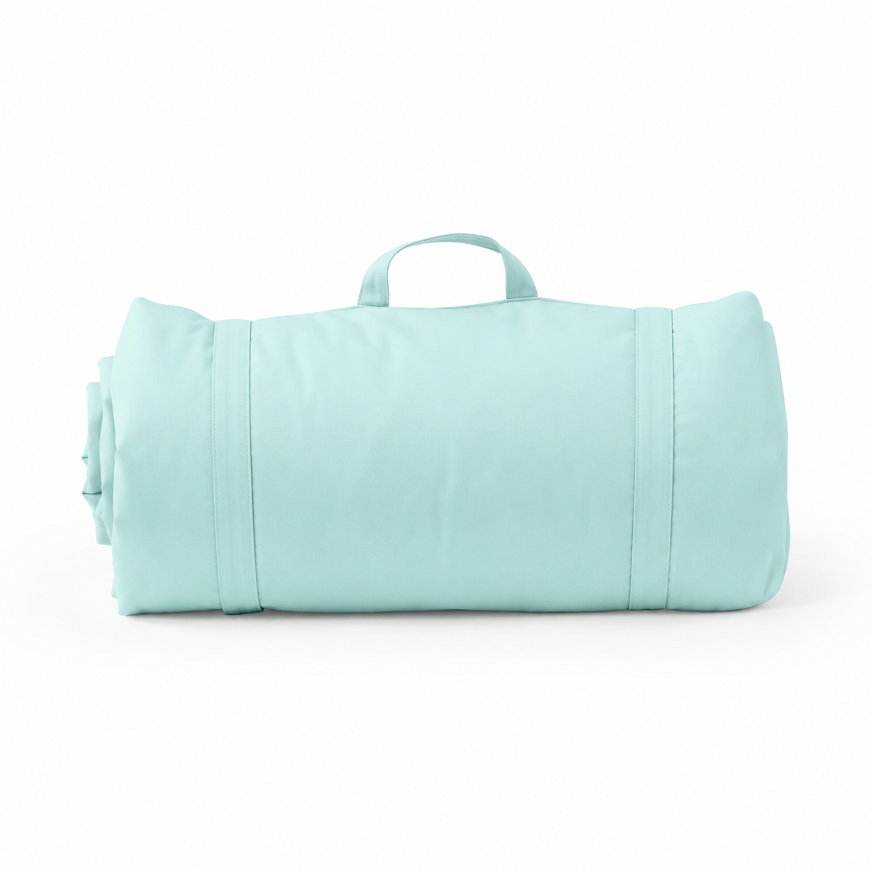 Folded light blue cotton yoga mat with handles on a white background