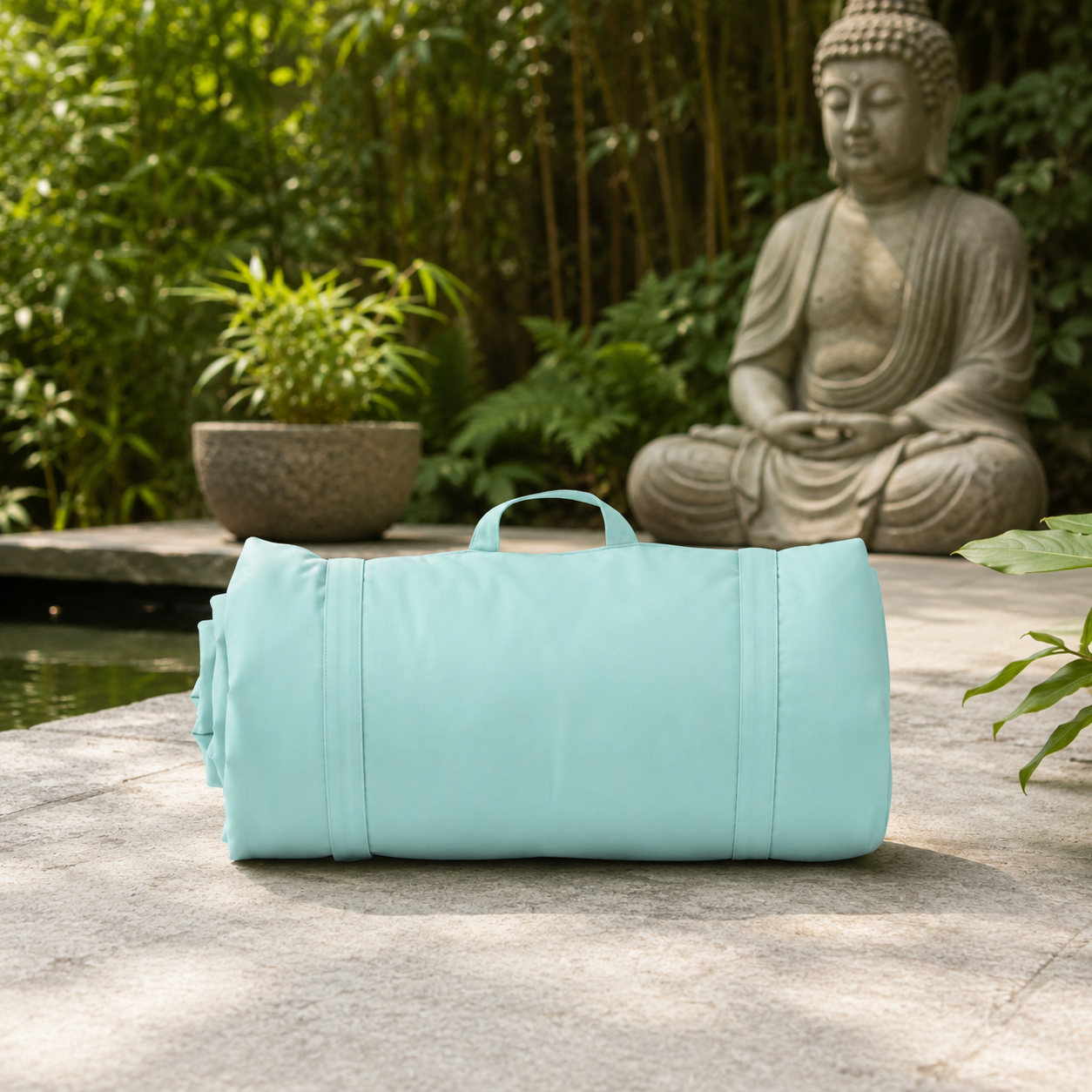 Turquoise yoga mat rolled up on a stone surface with a Buddha statue and greenery in the background