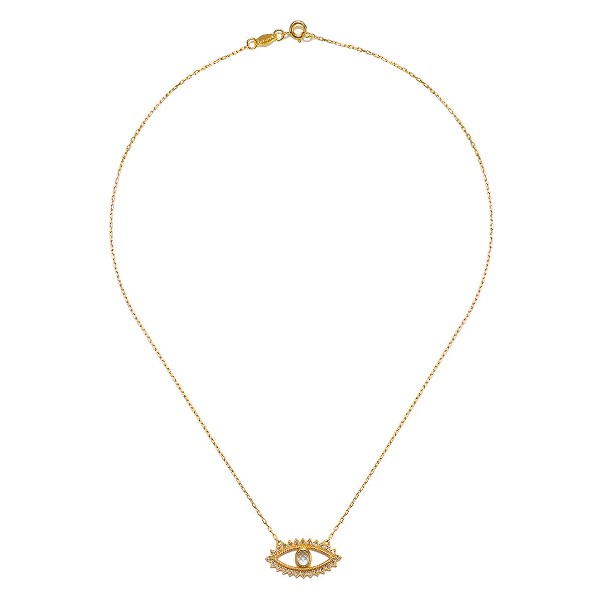 Gold necklace with eye pendant on a white background.