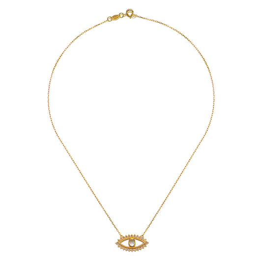 Gold necklace with eye pendant on a white background.