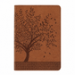 A brown faux-leather tablet sleeve or notebook cover featuring an embossed tree design and a textured geometric border at the bottom, shown on a plain white background.