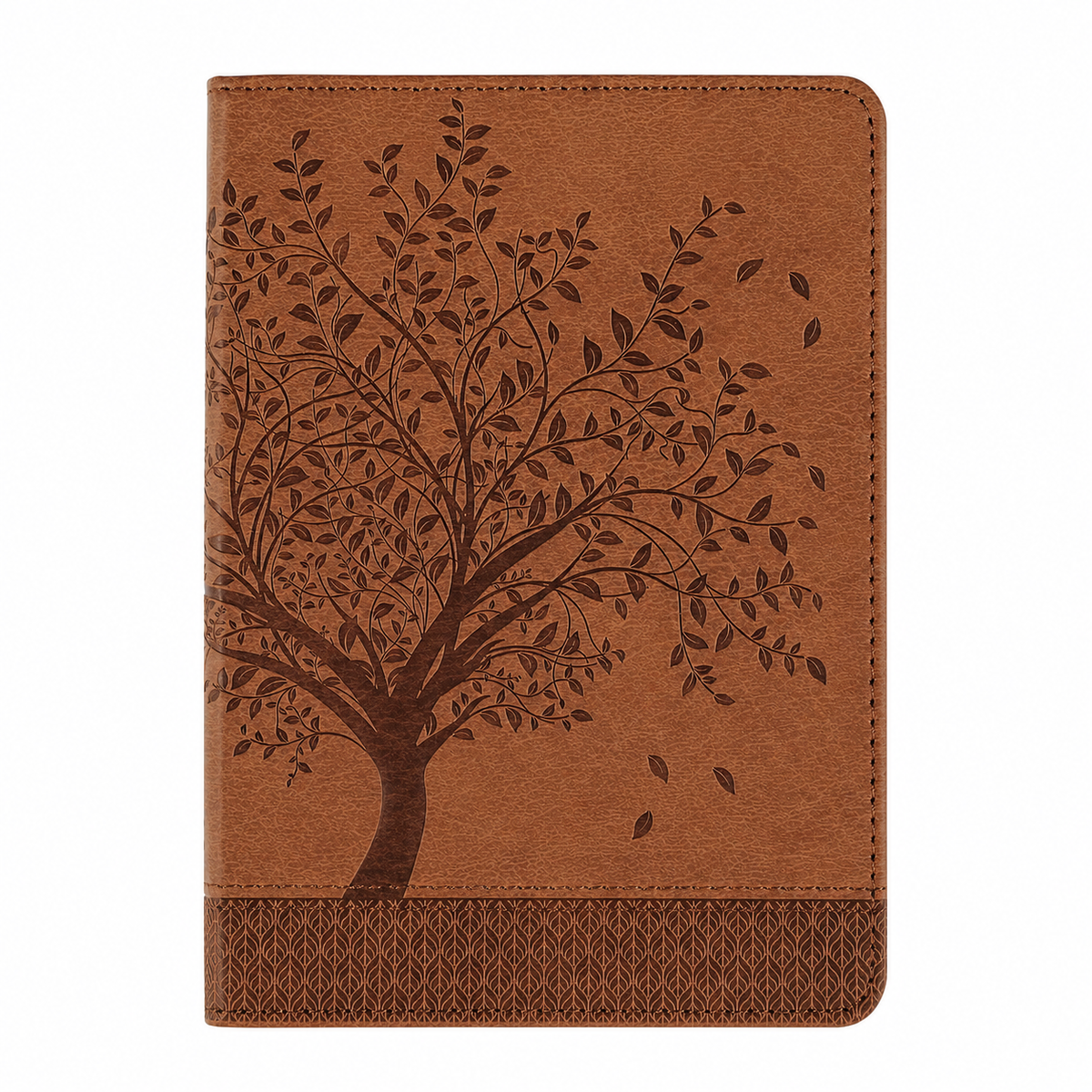 A brown faux-leather tablet sleeve or notebook cover featuring an embossed tree design and a textured geometric border at the bottom, shown on a plain white background.