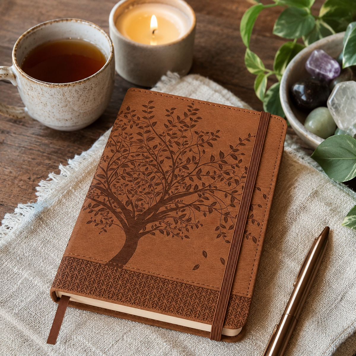 A brown leather-bound journal with an embossed tree design and elastic closure, styled on a linen cloth with a cup of tea, candle, and pen nearby.