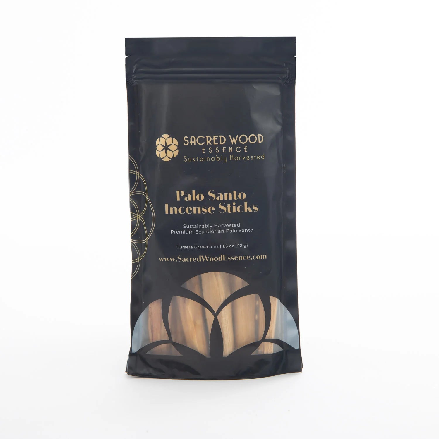 Black package of Sacred Wood Essence Palo Santo Incense Sticks on a white background