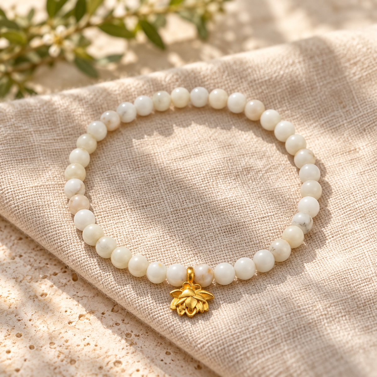 A beaded bracelet made of round off-white beads with a small gold bee charm, displayed on a textured beige linen cloth with soft natural shadows.
