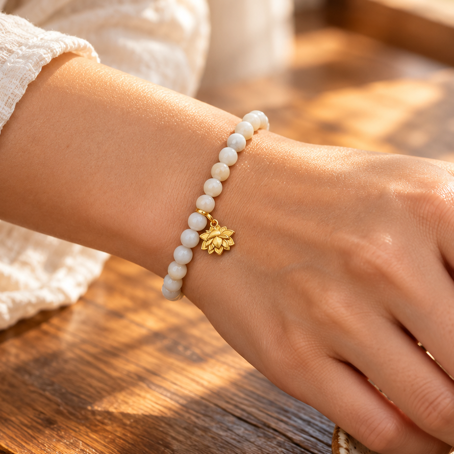 A close-up of a person's hand wearing a beaded bracelet with a small gold charm, resting on a wooden table next to a cup of tea.