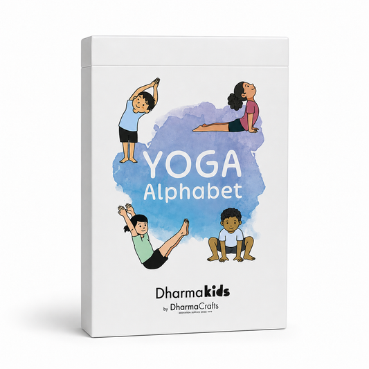 Box of yoga alphabet cards on a white background.