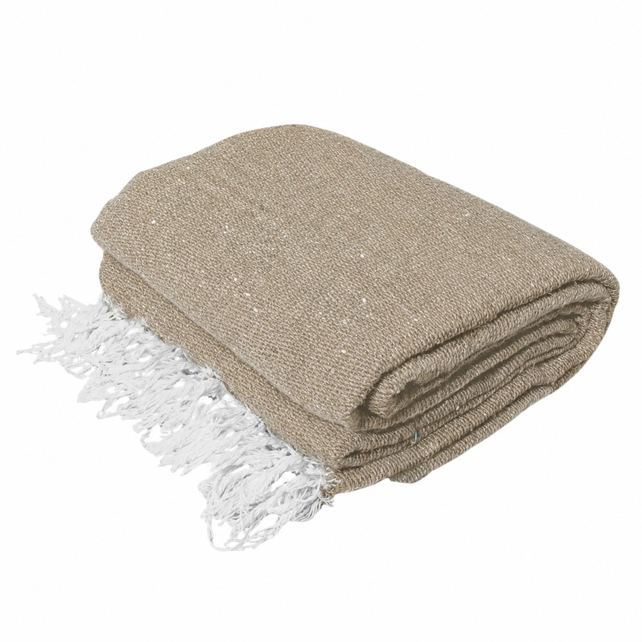 Folded beige blanket with white tassels on a white background