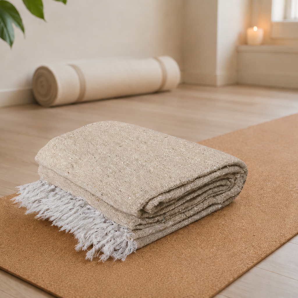 Folded beige blanket with white fringe on a yoga mat in a serene room setting.