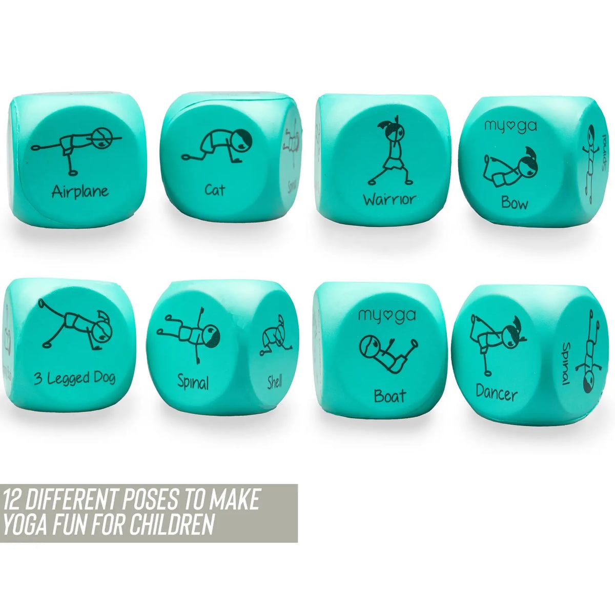 Set of turquoise dice with yoga poses on a white background