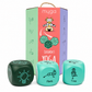 Myga Children's Yoga toy set with three colored dice (dark green, mint green, and turquoise) featuring simple yoga poses and symbols, shown in front of their colorful illustrated packaging box.