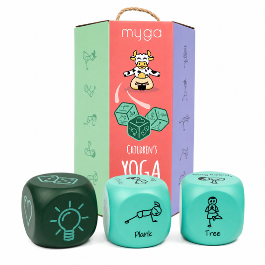 Myga Children's Yoga toy set with three colored dice (dark green, mint green, and turquoise) featuring simple yoga poses and symbols, shown in front of their colorful illustrated packaging box.