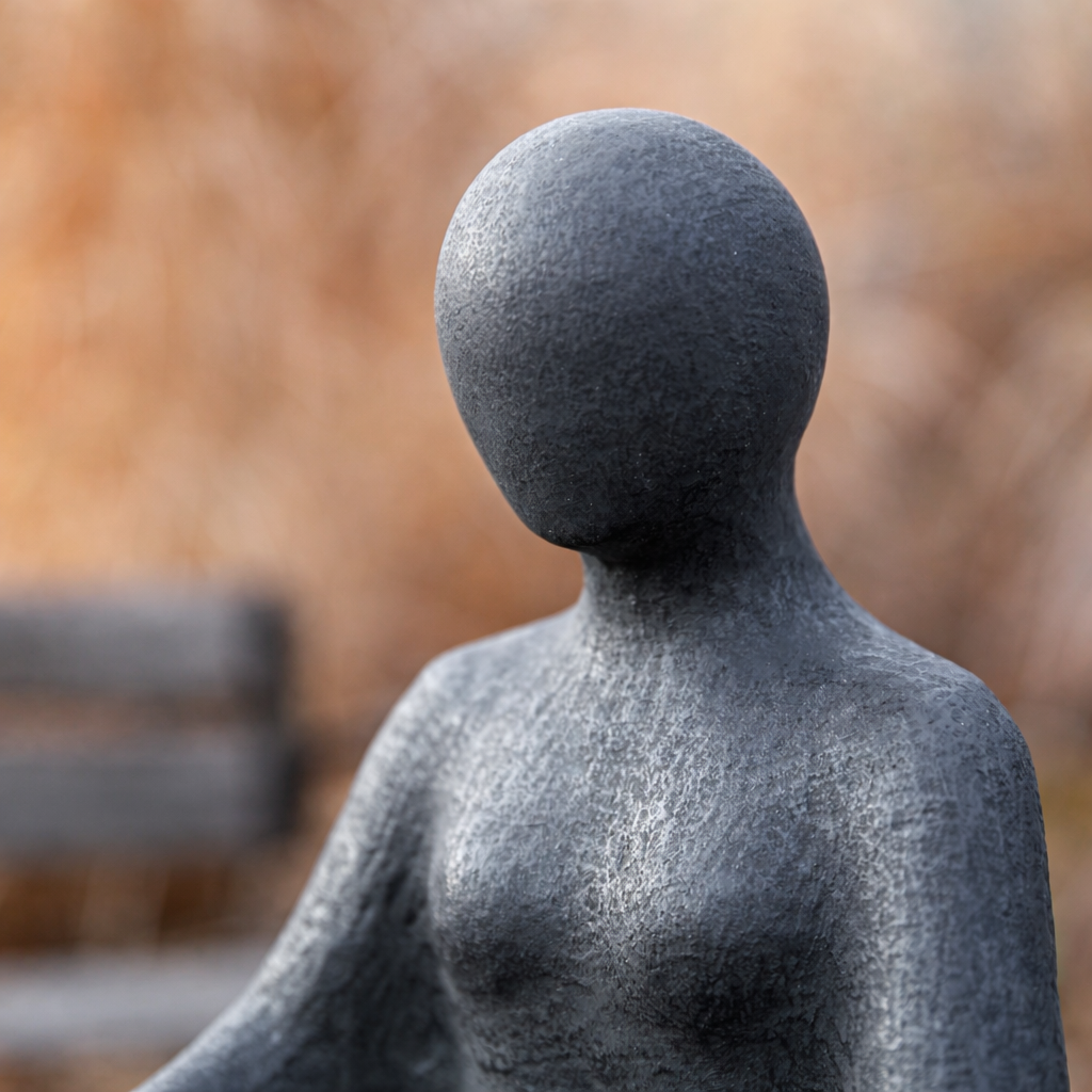 Statue of a person with a spherical head in an outdoor setting
