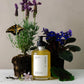 Bottle of liquid soap with a natural design featuring plants and flowers on a neutral background