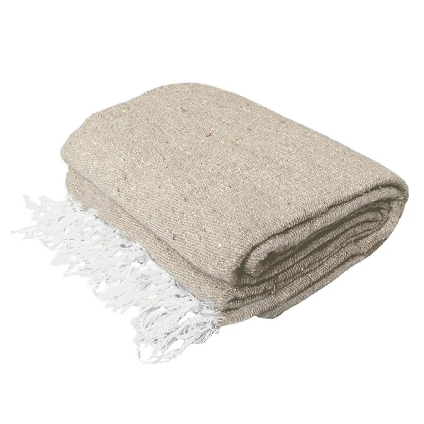 Beige woven blanket with white tassels on a white background