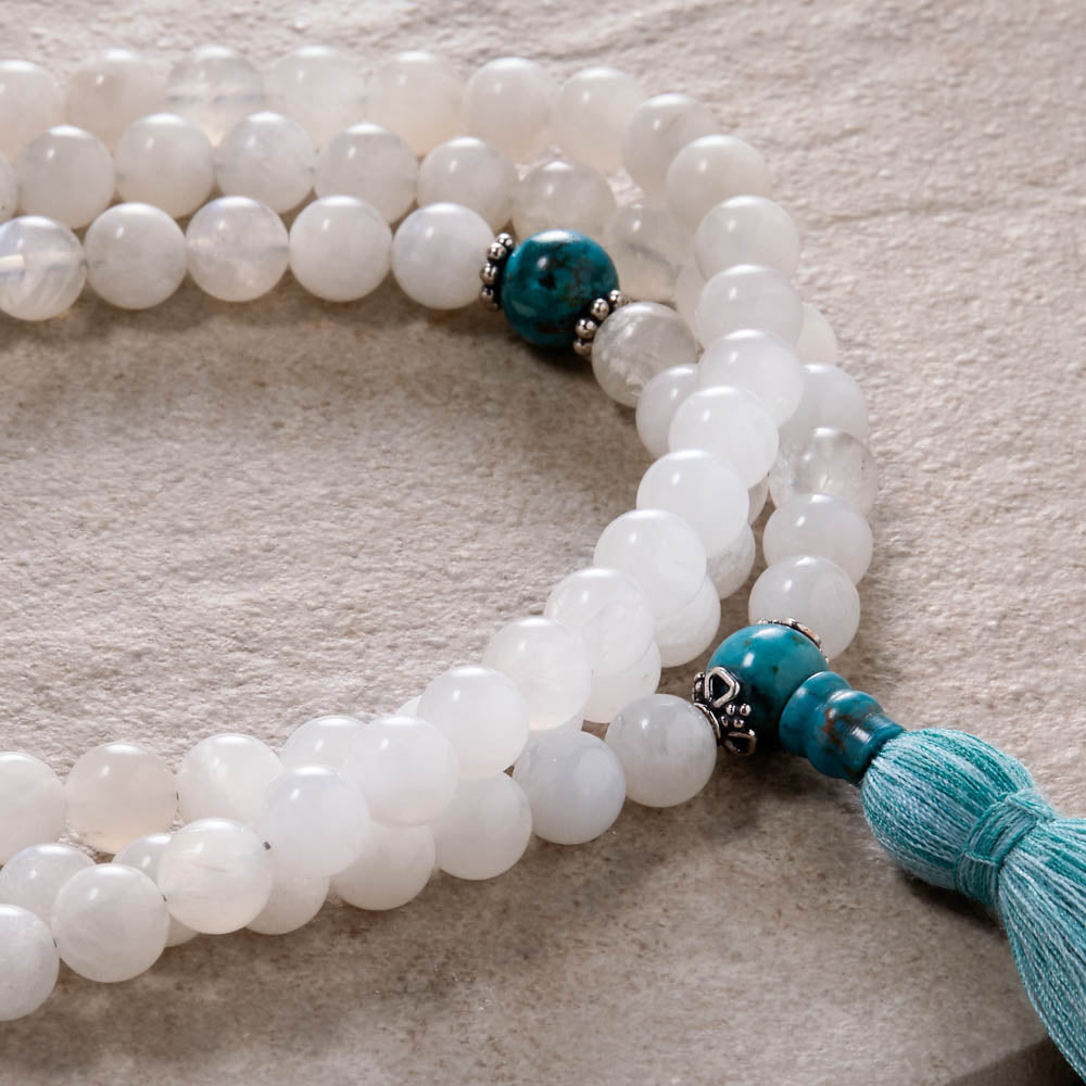 Moonstone Mala with Turquoise, 108 beads
