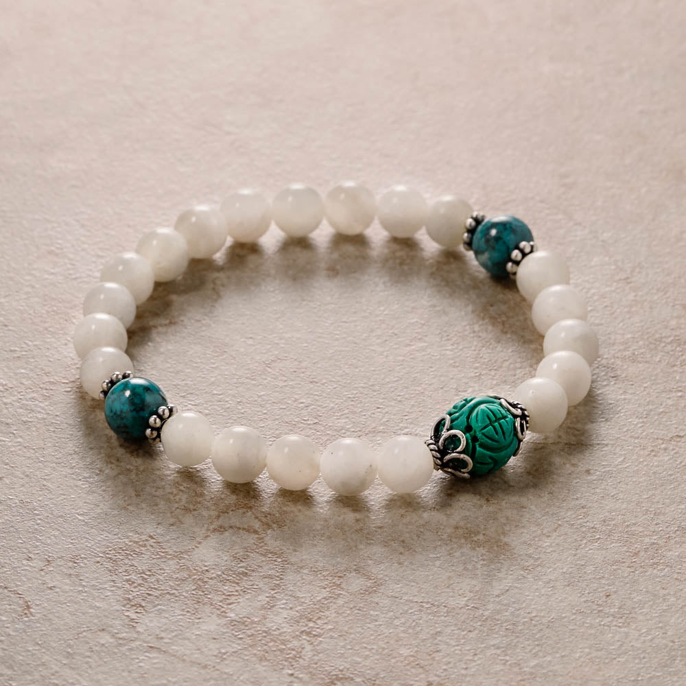 Moonstone Mala with Turquoise, stretchy wrist bracelet