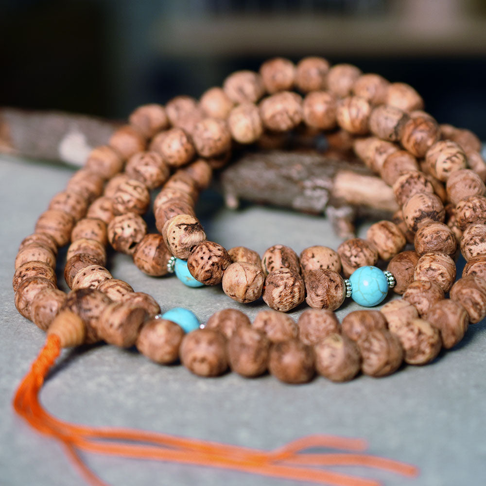 Bodhgaya Bodhi Seed Mala with Turquoise, 108 beads