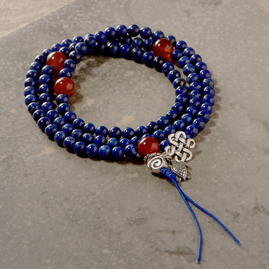 Stretchy Lapis Mala with Carnelian Markers