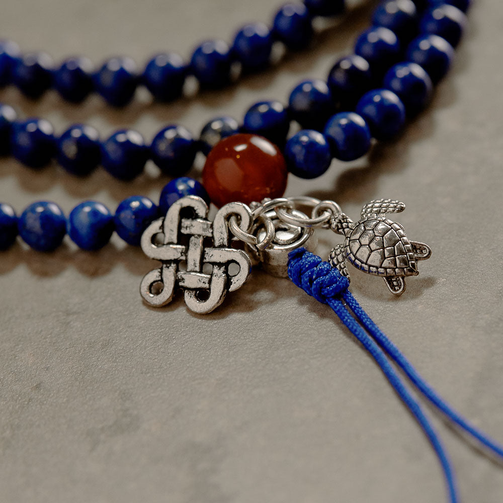 Stretchy Lapis Mala with Carnelian Markers