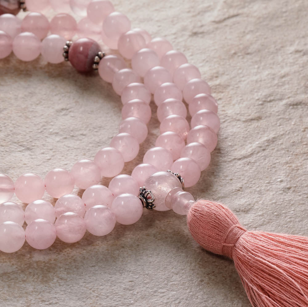 Rose Quartz with Pearl Mala Beads - Tibetan Prayer Beads