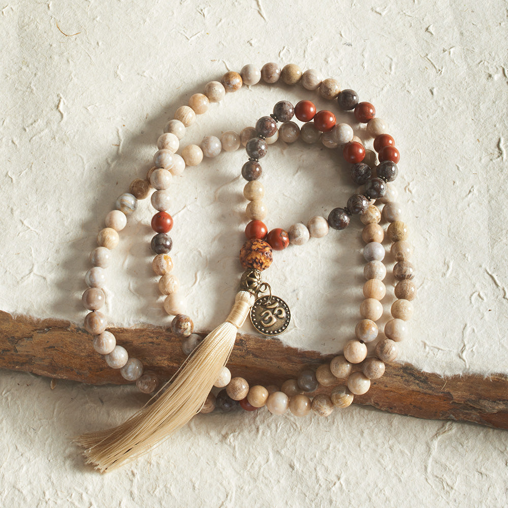Fossil Coral and Red Jasper Mala, 108 beads